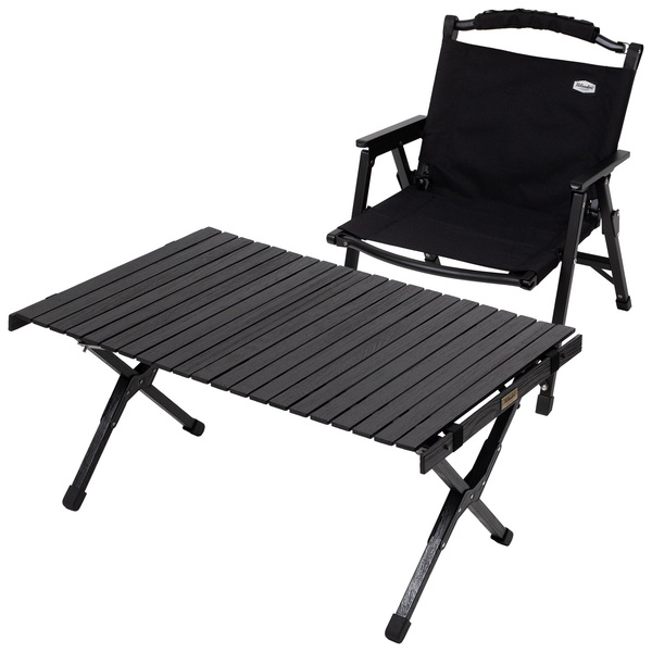 Hilander(ハイランダー) 【お得なセット】ウッドロールトップテーブルLIGHT 90+ウッドフレームチェアEX ブラックセット HCJ-010+HCJ-032 キャンプテーブル