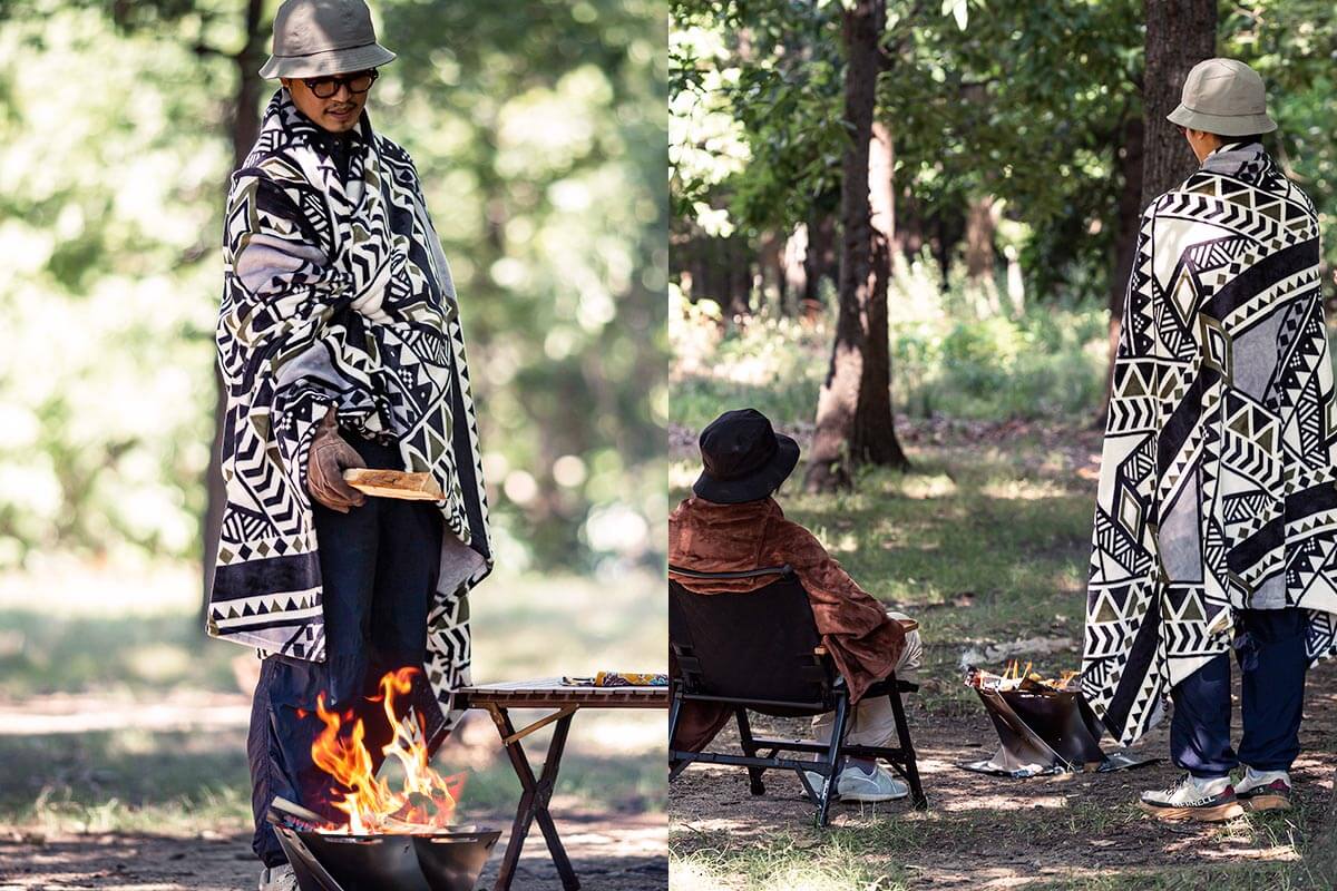 焚き火のそばでも使えるブランケット