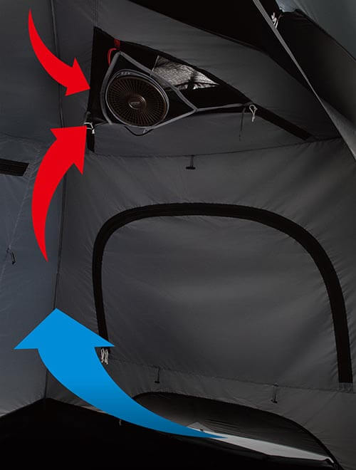 天井部分に専用ファン（別売）の取り付けで換気機能が大幅に改善。涼しく快適な空間が可能に。